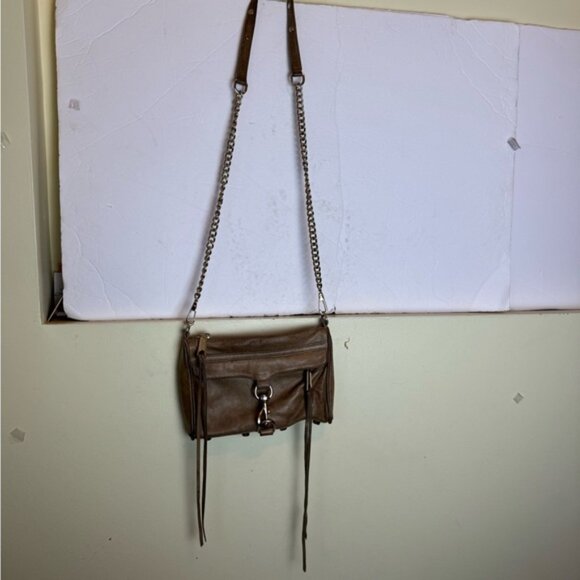 Rebecca Minkoff Mini MAC Leather Crossbody Bag Shoulder Chain Strap Tan Zip Tote - Picture 3 of 16